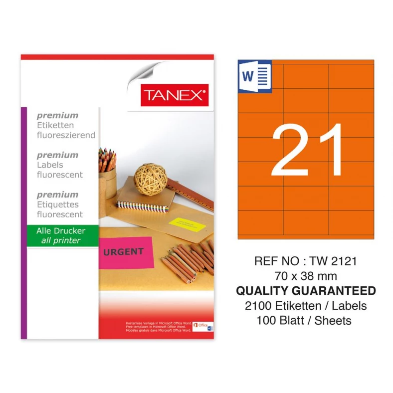 Tanex Tw-2121 70x38 mm Turuncu Floresan Laser Etiket 100 Lü
