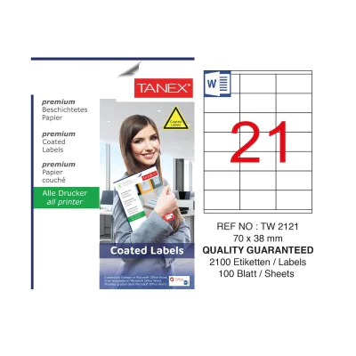 Tanex TW-2121 70x38mm Kuşe Laser Etiket 100 Lü Paket Tanex TW-2121 70x38mm Kuşe Laser Etiket 100 Lü Paket