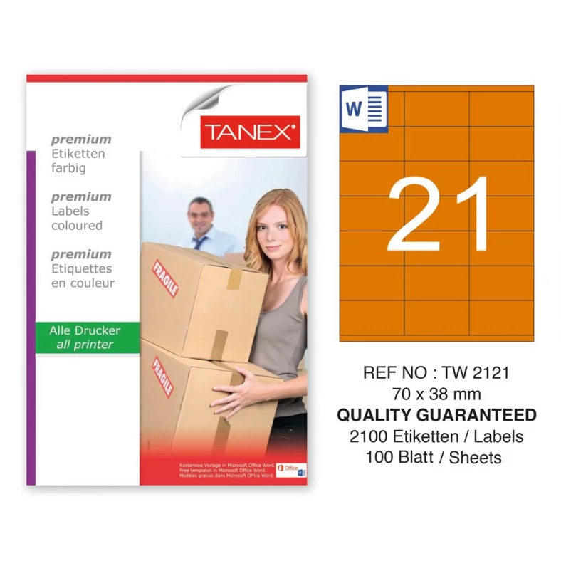 Tanex TW-2121 70x38mm Turuncu Pastel Laser Etiket 100 Lü
