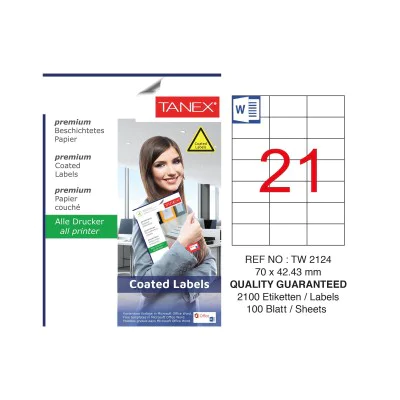 Tanex TW-2124 70x42.3mm Kuşe Laser Etiket 100 Lü Paket Tanex TW-2124 70x42.3mm Kuşe Laser Etiket 100 Lü Paket