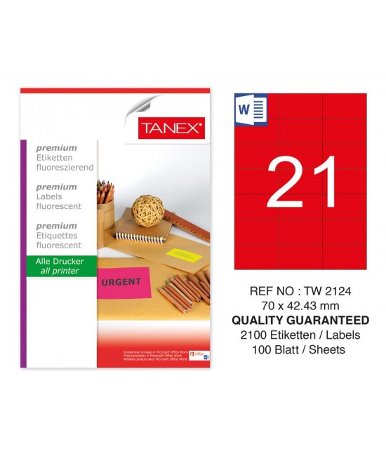 Tanex TW-2124 70x42,43 mm Red Fluorescent Laser Label 100 Pcs