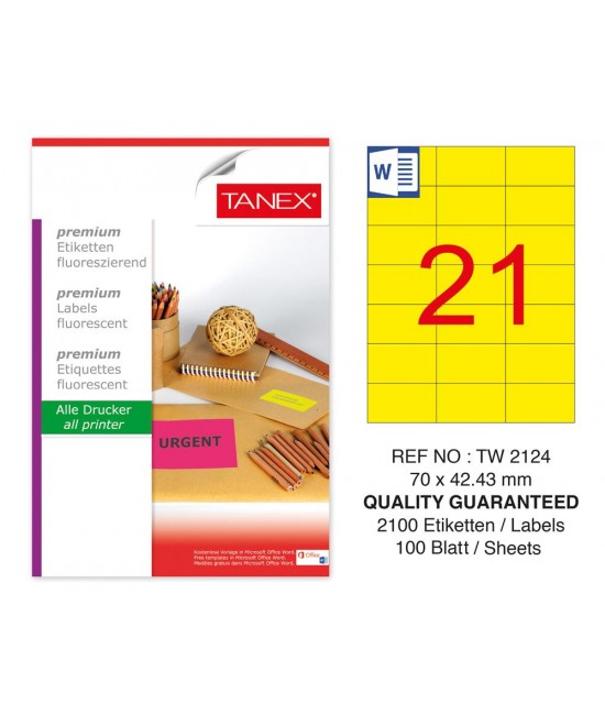 Tanex TW-2124 70x42,43 mm Yellow Fluorescent Laser Label 100 Pcs