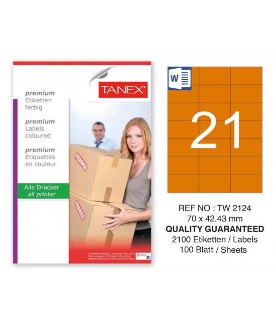 Tanex TW-2124 70x42,43mm Turuncu Pastel Laser Etiket 100 Lü 