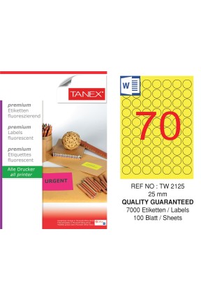 Tanex TW-2125 25 mm Sarı Floresan Laser Etiket 100 Lü Tanex TW-2125 25 mm Sarı Floresan Laser Etiket 100 Lü