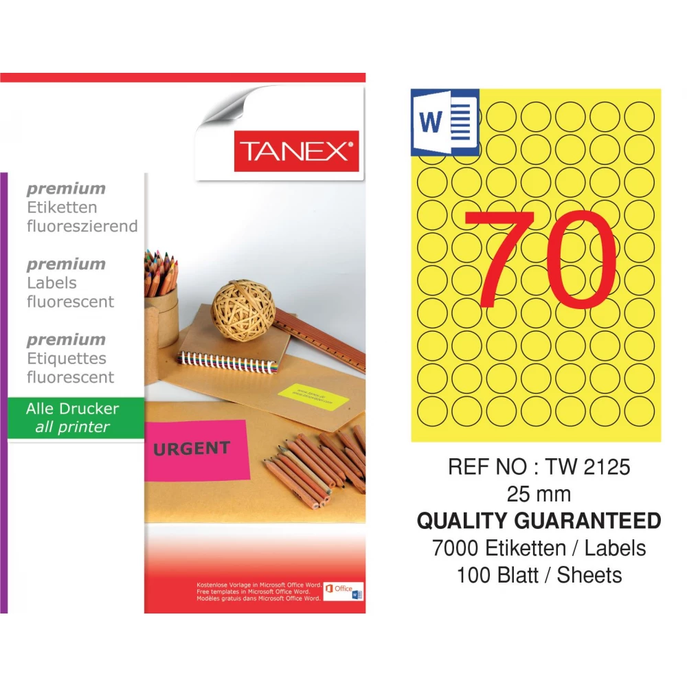 Tanex TW-2125 25 mm Sarı Floresan Laser Etiket 100 Lü