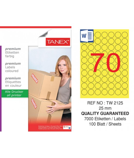 Tanex TW-2125 25mm Sarı Pastel Laser Etiket 100 Lü Paket