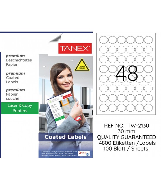 Tanex TW-2130 30mm Kuşe Laser Etiket 100 Lü Paket