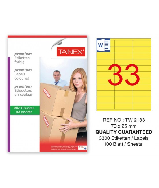 Tanex TW-2133 70x25mm Sarı Pastel Laser Etiket 100 Lü Paket