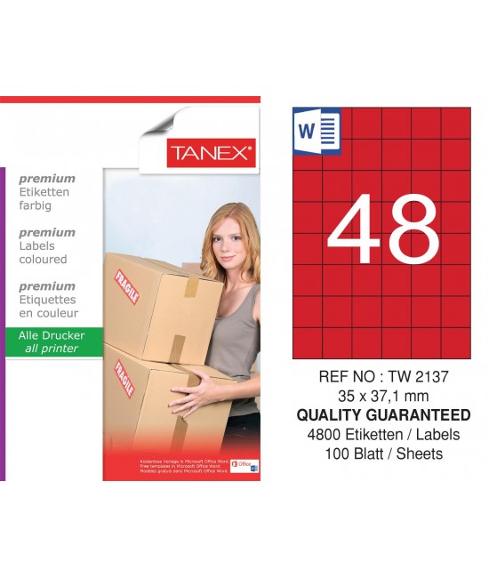 Tanex TW-2137 35x37,125mm Red Pastel Laser Label 100 Pcs
