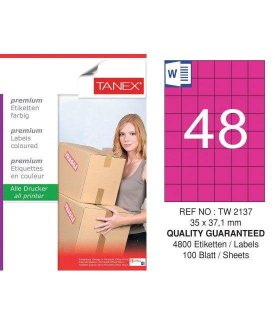 Tanex TW-2137 35x37.125mm Pembe Pastel Laser Etiket 100 Lü