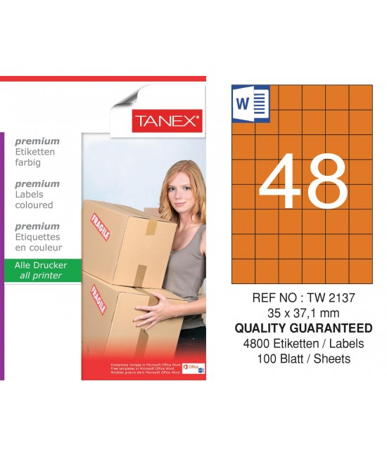 Tanex TW-2137 35x37,125mm Turuncu Pastel Laser Etiket 100 Lü