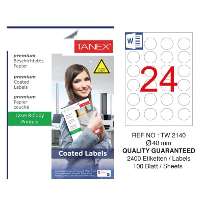 Tanex TW-2140 40mm Kuşe Laser Etiket 100 Lü Paket Tanex TW-2140 40mm Kuşe Laser Etiket 100 Lü Paket