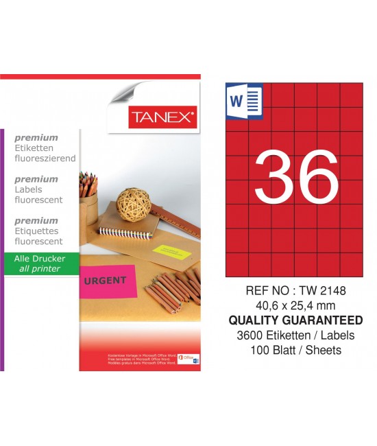 Tanex TW-2148 40,6x25,4 mm Kırmızı Floresan Laser Etiket 100 Lü