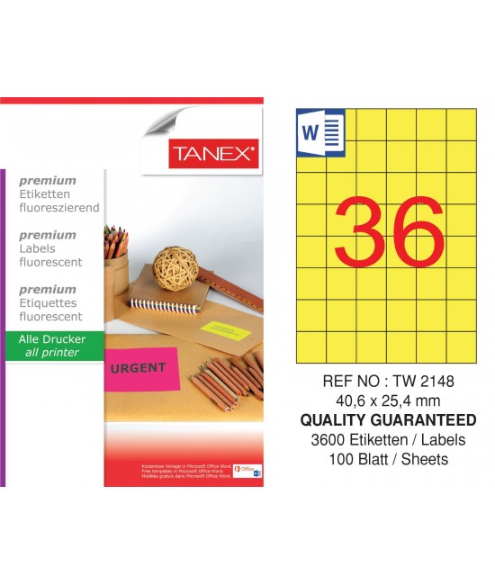 Tanex TW-2148 40,6x25,4 mm Sarı Floresan Laser Etiket 100 Lü