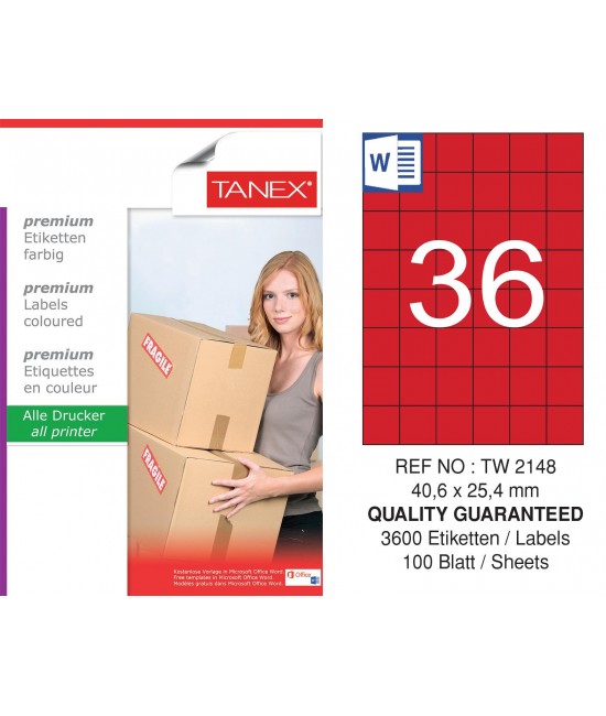 Tanex TW-2148 40.6x25.4mm Red Pastel Laser Label 100 Pcs
