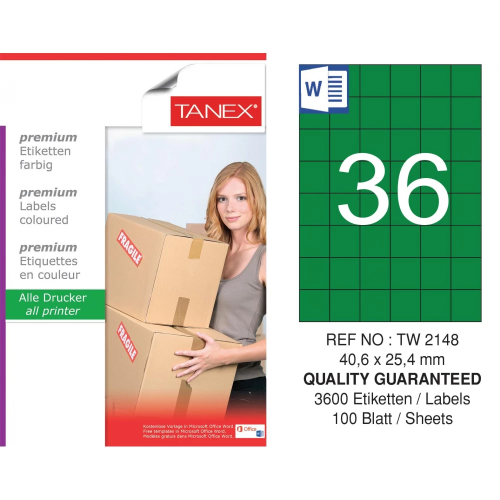 Tanex TW-2148 40,6x25,4mm Yeşil Pastel Laser Etiket 100 Lü