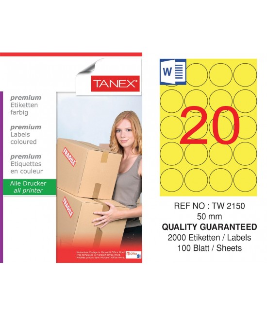 Tanex TW-2150 50mm Sarı Pastel Laser Etiket 100 Lü Paket