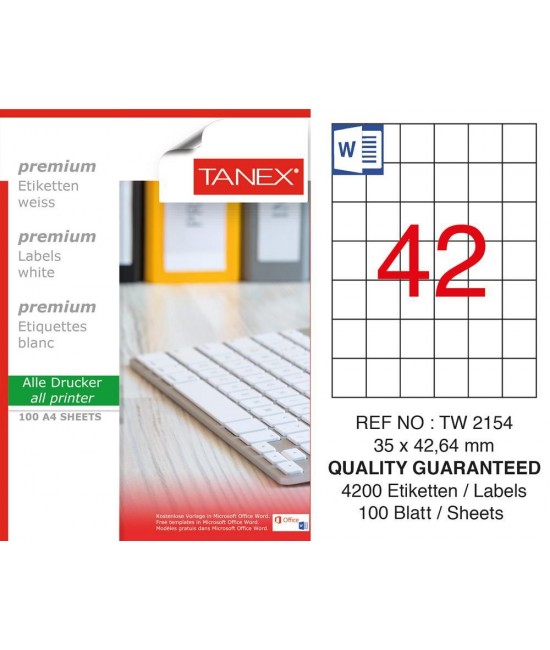 Tanex TW-2154 35x42.64mm Coated Laser Label 100 Pack