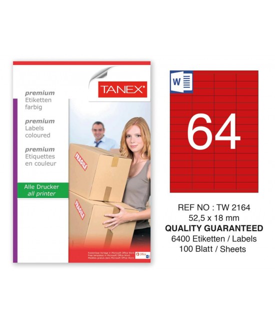 Tanex TW-2164 52,5x18mm Kırmızı Pastel Laser Etiket 100 Lü