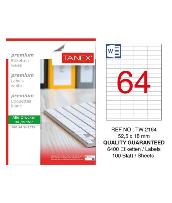 Tanex TW-2164 52.5x18mm Coated Laser Label Pack of 100