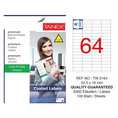 Tanex TW-2164 52.5x18mm Kuşe Laser Etiket 100 Lü Paket Tanex TW-2164 52.5x18mm Kuşe Laser Etiket 100 Lü Paket