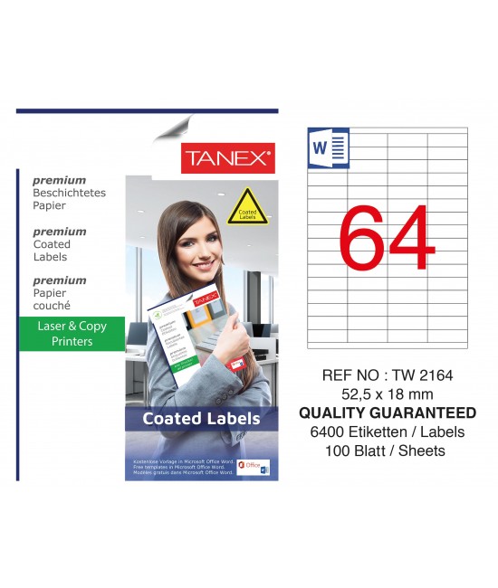 Tanex TW-2164 52.5x18mm Kuşe Laser Etiket 100 Lü Paket