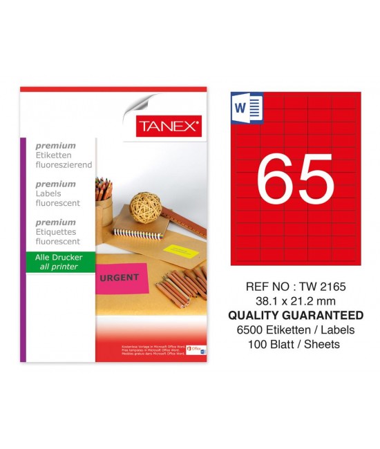 Tanex TW-2165 38,1x21.2mm Red Fluorescent Laser Label 100 Pcs
