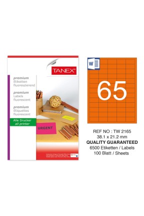 Tanex Tw-2165 38,1x21,2mm Turuncu Floresan Laser Etiket 100 Lü