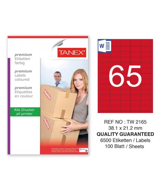 Tanex TW-2165 38,1x21,2mm Kırmızı Pastel Laser Etiket 100 Lü 