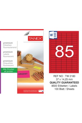 Tanex TW-2180 37x14,25 mm Kırmızı Floresan Laser Etiket 100 Lü 