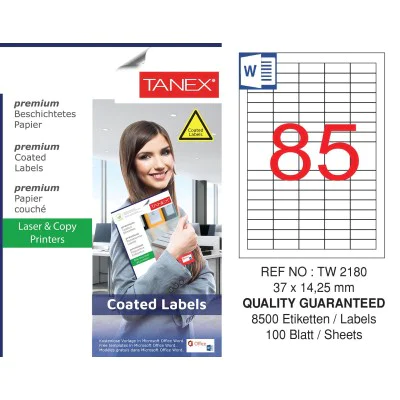 Tanex TW-2180 37x14.25mm Kuşe Lazer Etiket 100 Lü Paket Tanex TW-2180 37x14.25mm Kuşe Lazer Etiket 100 Lü Paket