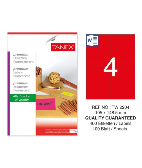 Tanex TW-2204 105x148.5mm Red Fluorescent Laser Label 100 Pcs