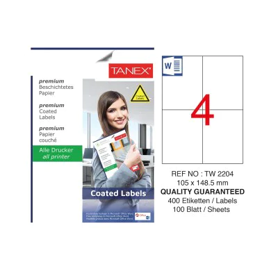 Tanex TW-2204 105x148.5mm Kuşe Laser Etiket 100 Lü Paket Tanex TW-2204 105x148.5mm Kuşe Laser Etiket 100 Lü Paket