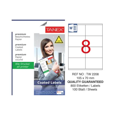 Tanex TW-2208 105x70mm Kuşe Lazer Etiket 100 Lü Paket Tanex TW-2208 105x70mm Kuşe Lazer Etiket 100 Lü Paket