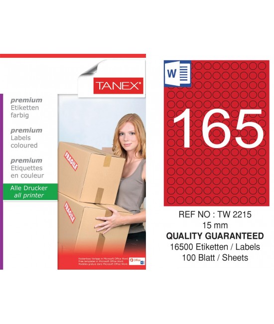 Tanex TW-2215 15mm Red Pastel Laser Label 100 Pcs