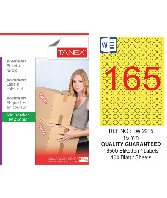 Tanex TW-2215 15mm Sarı Pastel Laser Etiket 100 Lü Paket
