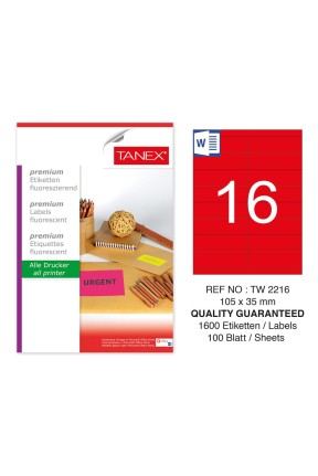 Tanex TW-2216 105x35mm Kırmızı Floresan Laser Etiket 100 Lü 