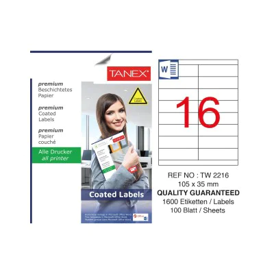 Tanex TW-2216 105x35mm Kuşe Lazer Etiket 100 Lü Paket Tanex TW-2216 105x35mm Kuşe Lazer Etiket 100 Lü Paket