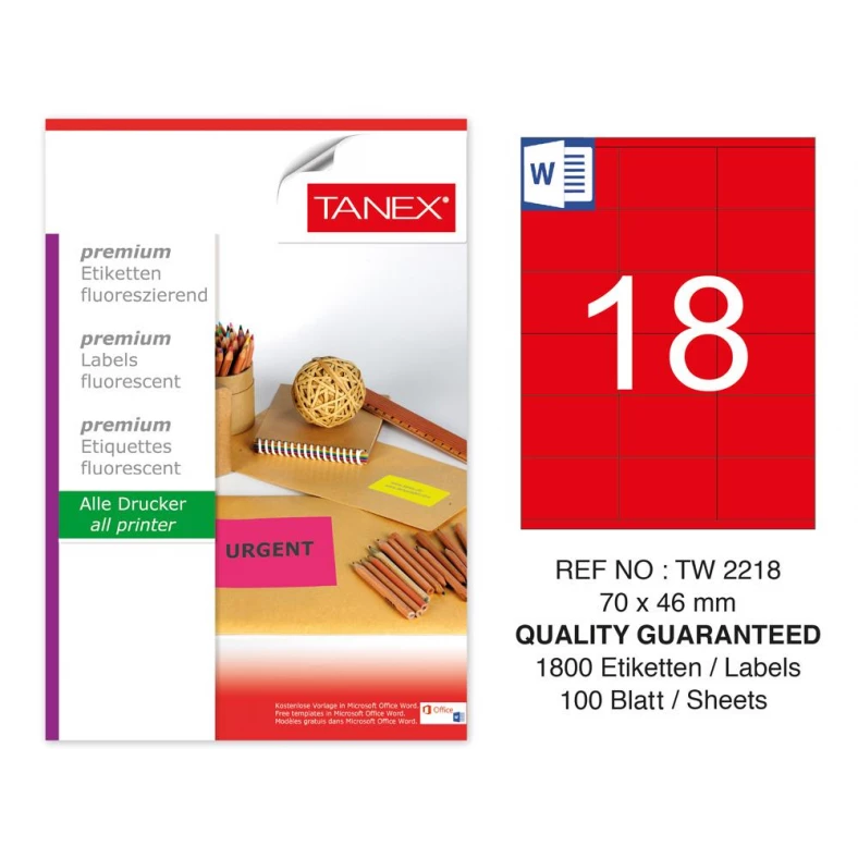 Tanex TW-2218 70x46mm Kırmızı Floresan Laser Etiket 100 Lü