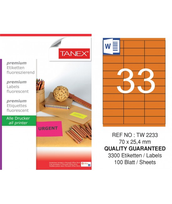 Tanex Tw-2233 70x25,4 mm Flo Turuncu Laser Etiket