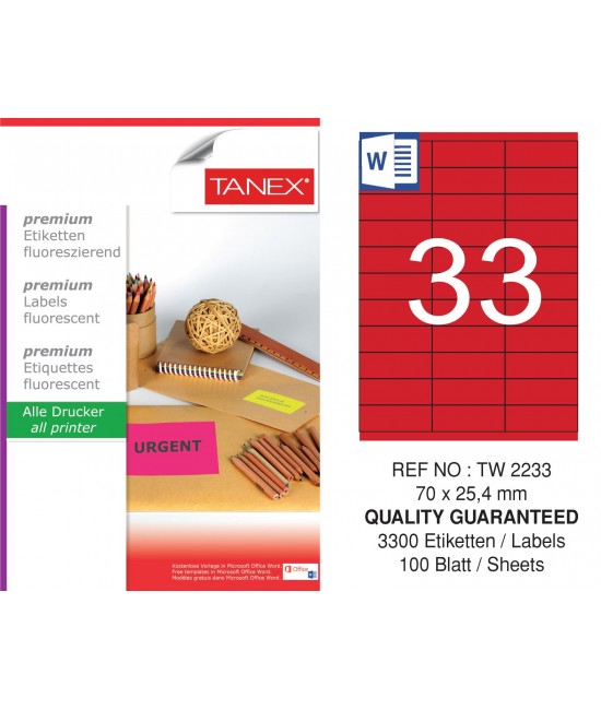 Tanex TW-2233 70x25,4 mm Kırmızı Floresan Laser Etiket 100 Lü