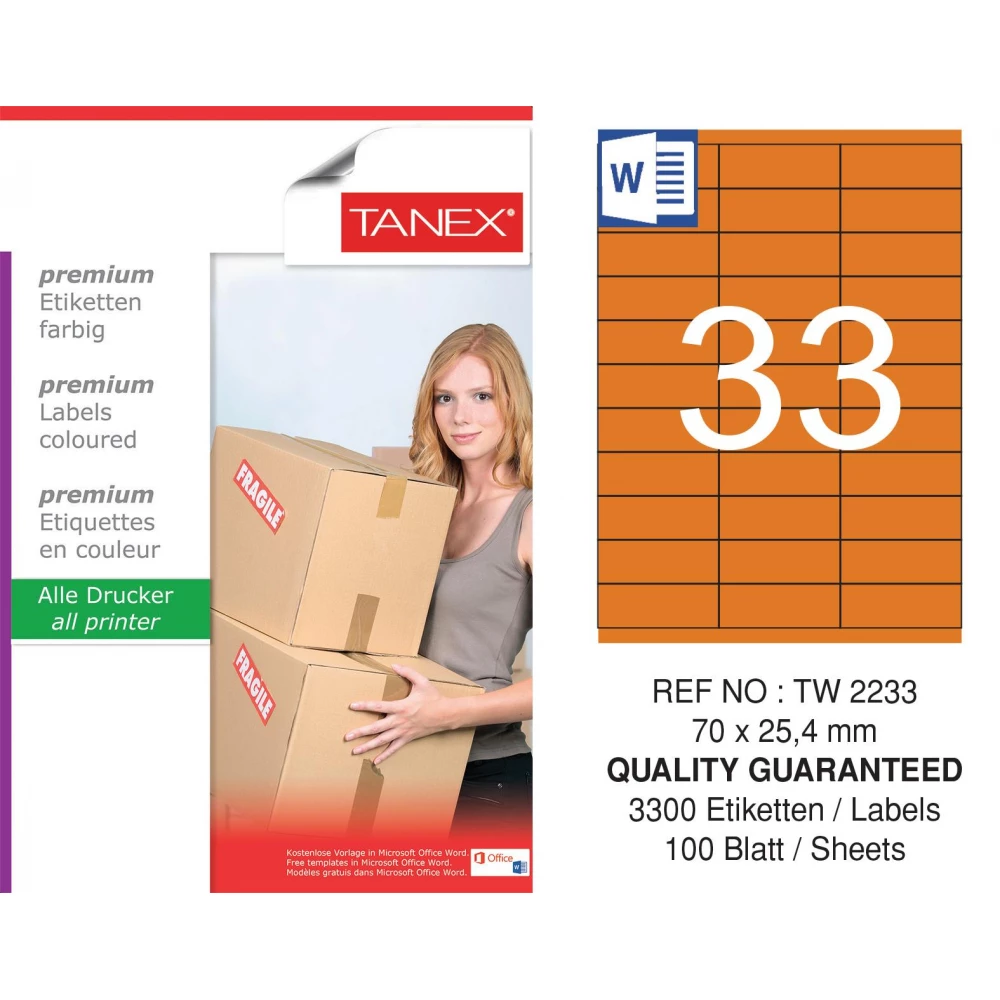 Tanex TW-2233 70x25,4mm Turuncu Pastel Laser Etiket 100 Lü