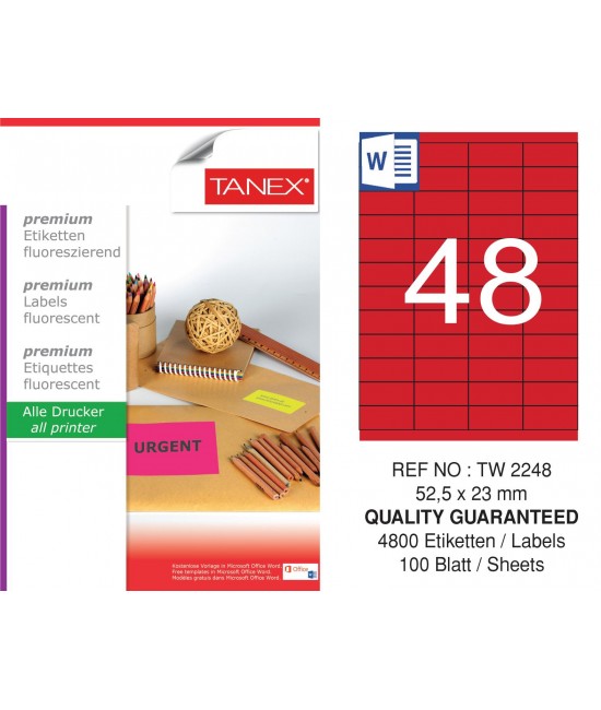 Tanex TW-2248 52,5x23 mm Kırmızı Floresan Laser Etiket 100 Lü