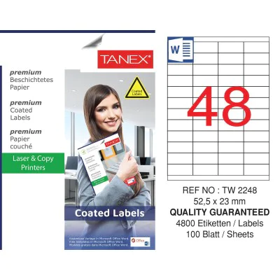 Tanex TW-2248 52.5x23mm Kuşe Lazer Etiket 100 Lü Paket Tanex TW-2248 52.5x23mm Kuşe Lazer Etiket 100 Lü Paket