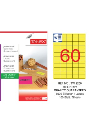 Tanex TW-2260 40x24 mm Sarı Floresan Laser Etiket 100 Lü Tanex TW-2260 40x24 mm Sarı Floresan Laser Etiket 100 Lü