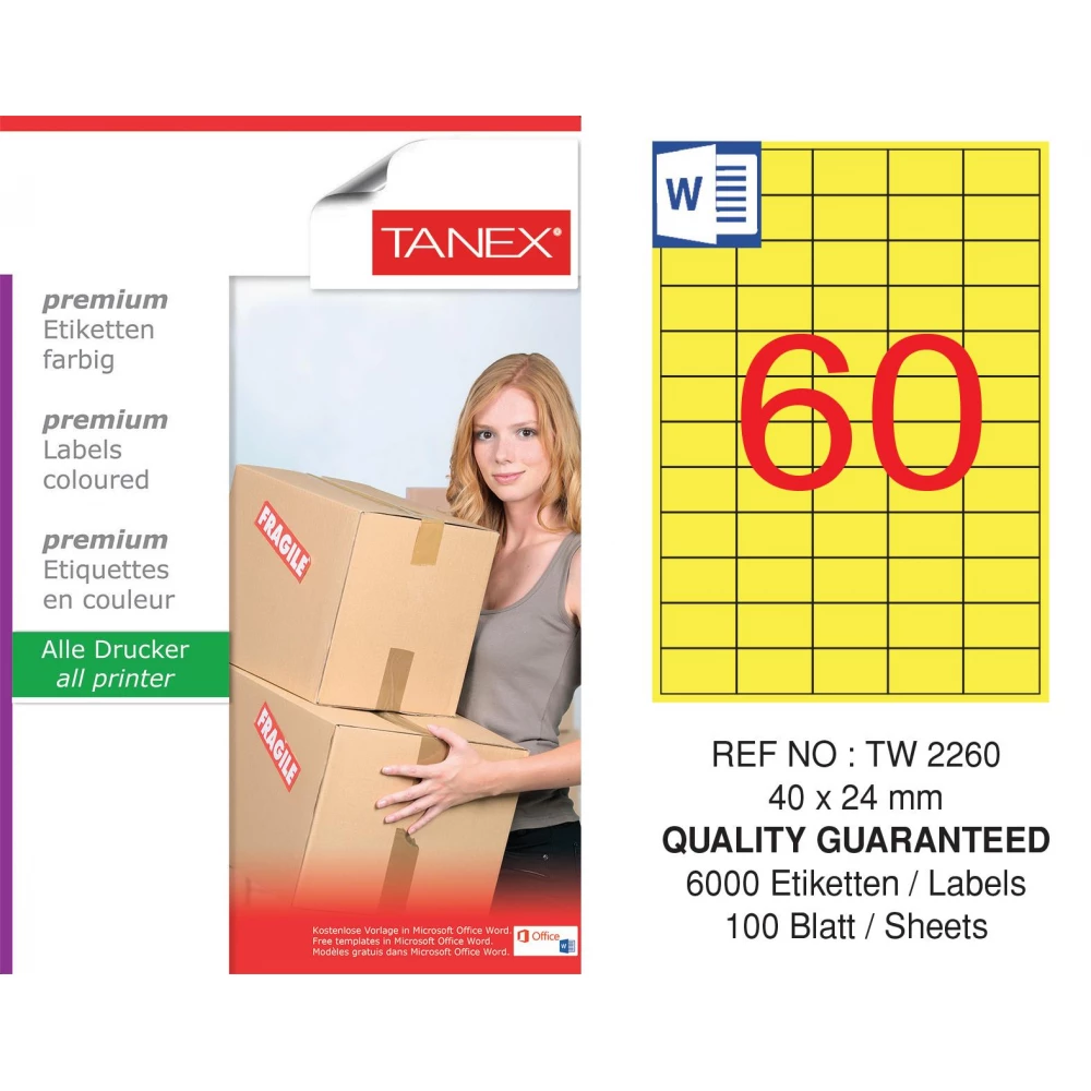 Tanex TW-2260 40x24mm Sarı Pastel Laser Etiket 100 Lü Paket