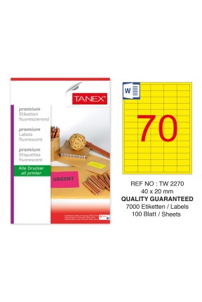 Tanex TW-2270 40x20mm Sarı Floresan Laser Etiket 100 Lü 