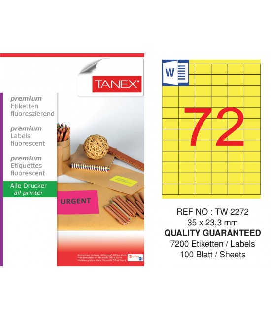 Tanex TW-2272 35x23,3 mm Sarı Floresan Laser Etiket 100 Lü