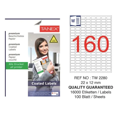 Tanex TW-2280 22x12mm Kuşe Laser Etiket 100 Lü Paket Tanex TW-2280 22x12mm Kuşe Laser Etiket 100 Lü Paket