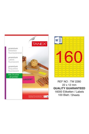 Tanex TW-2280 22x12mm Sarı Floresan Laser Etiket 100 Lü 